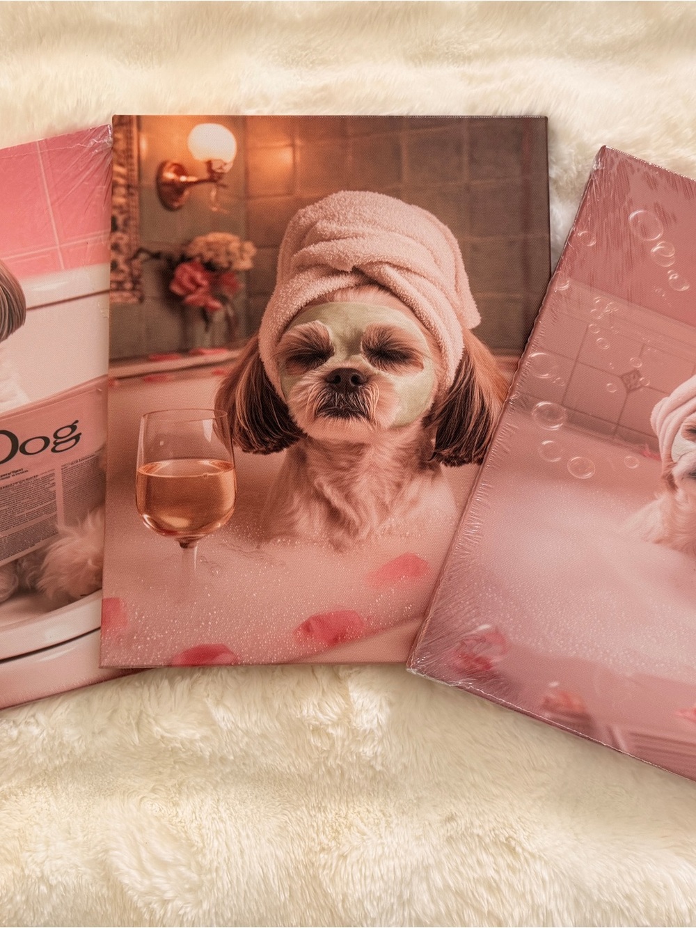 Set of (3) Pink Spa Dog Canvas Wall Art - Whimsical Bath Time Prints